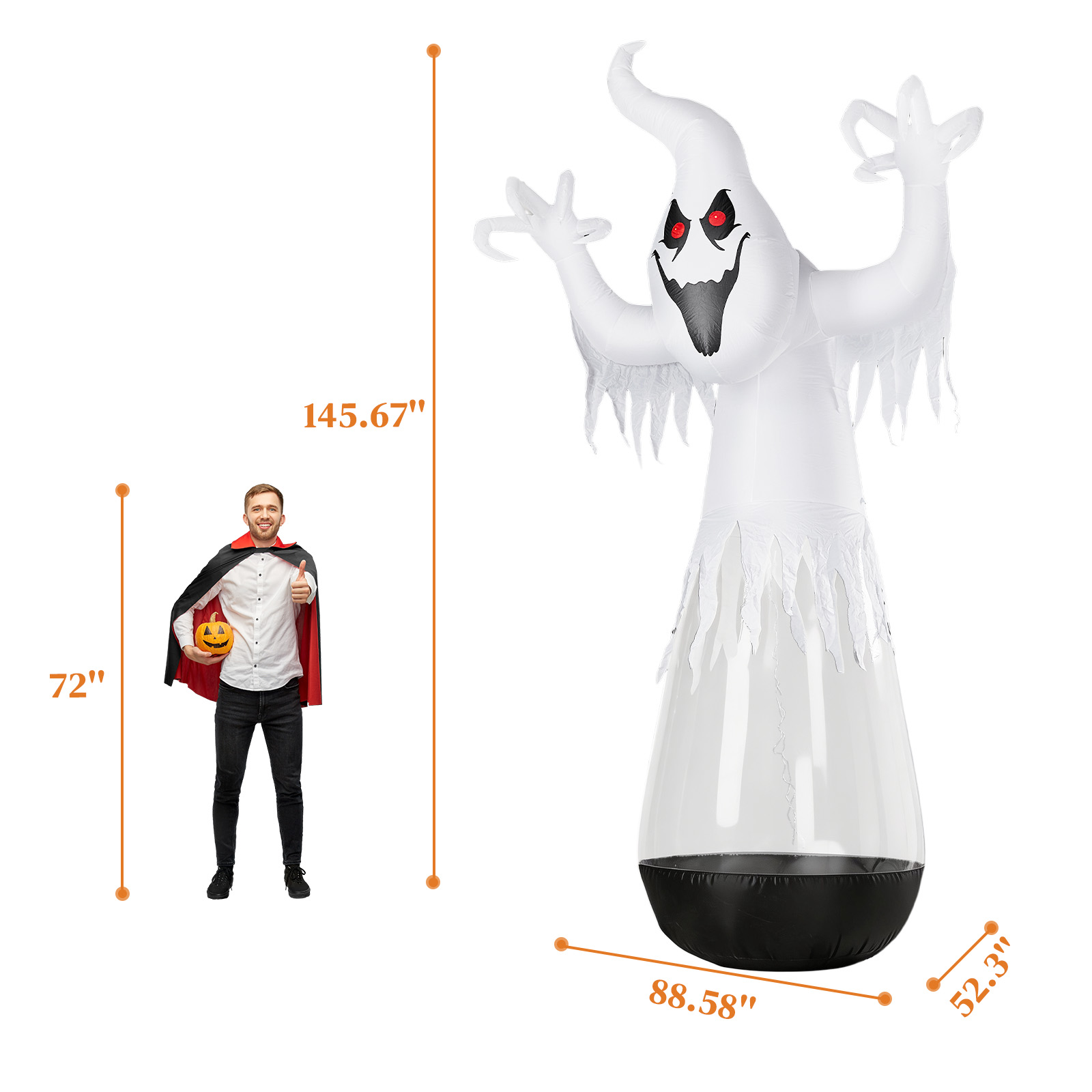 12ft Inflatable Halloween Decor Half-Body Clear PVC White Ghost With 2 LED Lights & 1 Stage Light,Black & White,12V 2000mA US Power Adapter photo 2