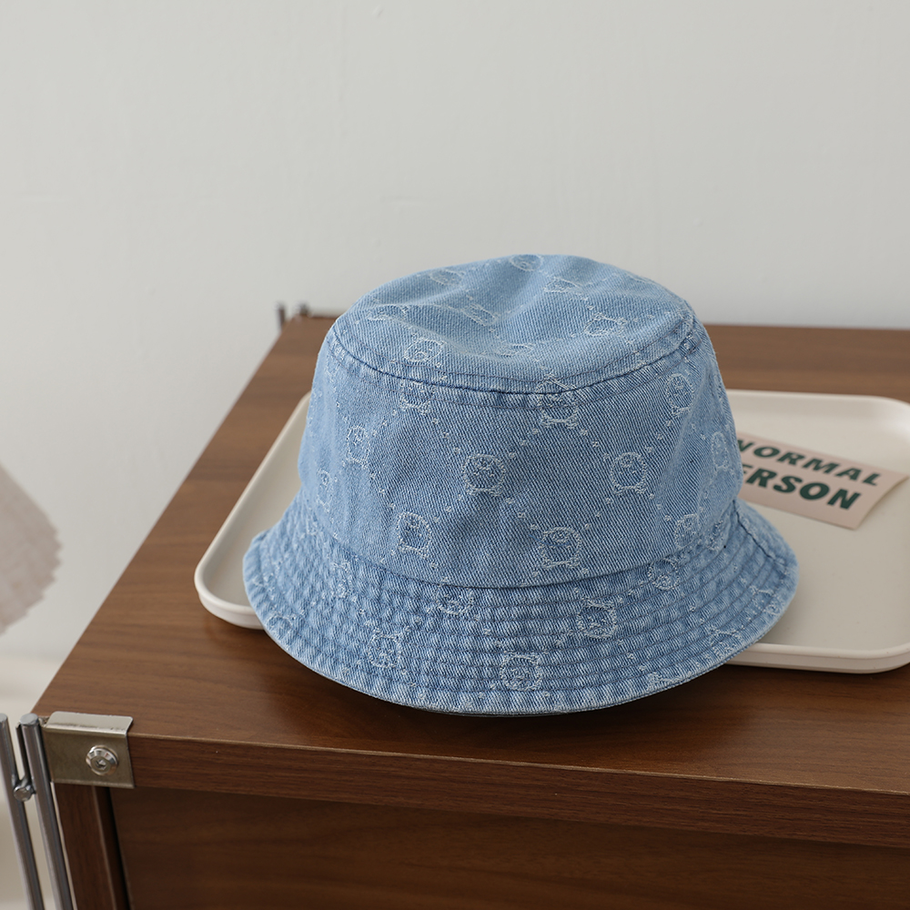 Retro Washed Baby Denim Fisherman Hat With Full Pattern Of Diamond-shaped Jacquard And A Small Bear On The Brim photo 2