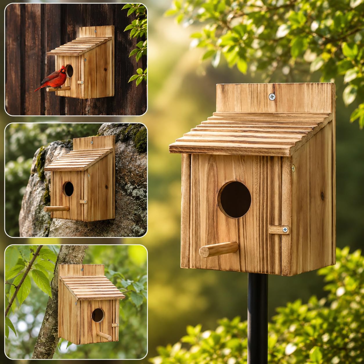 Wooden Bird House For Outside, Hanging Natural Wood Birdhouse With Perch, 1.5in Entrance & Side Clean-Out Door For Bluebirds, Wrens And Finches, Garden Decor photo 6