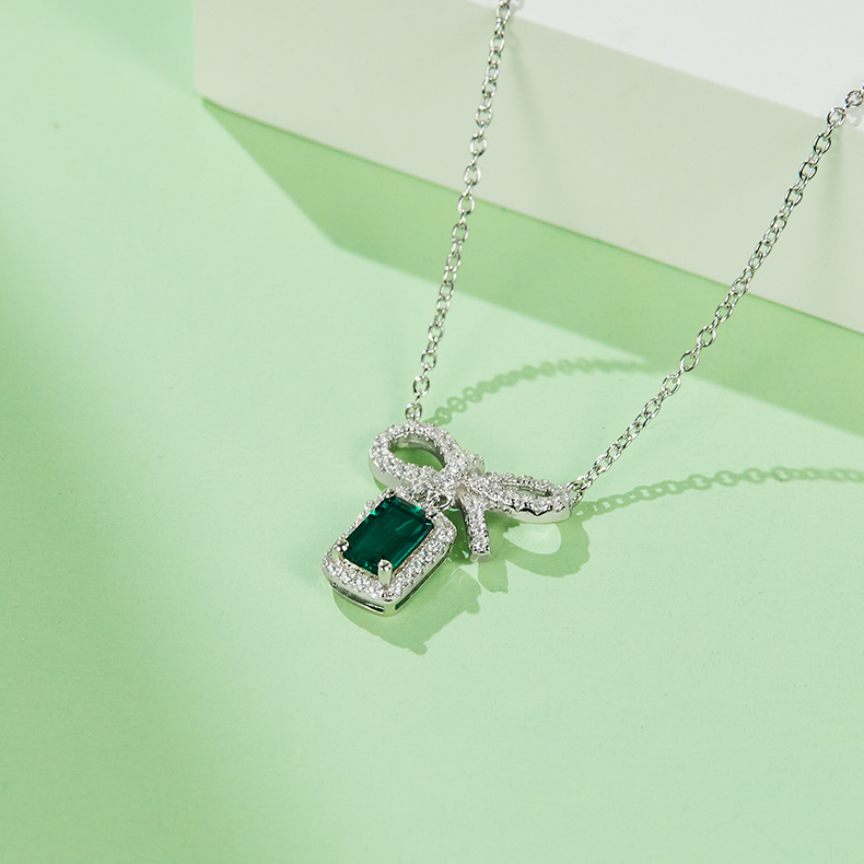 S925 Silver 2.6g Lab-Created Emerald Bow Necklace, 0.5ct Gem, 40&5cm photo 2