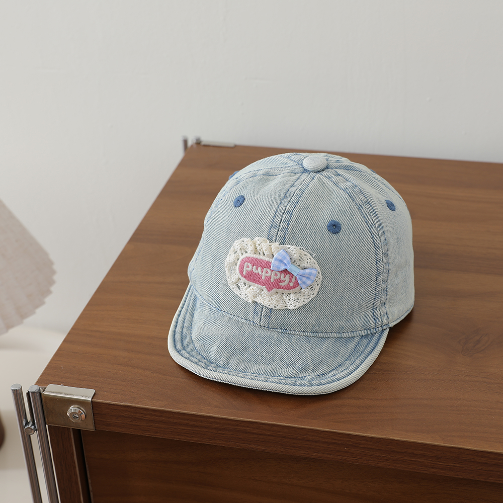 Sweet Style Patchwork Lettered Lace Edging Denim Kids Baseball Cap Washed And Antique Soft Brim Bow Tie Hat photo 4