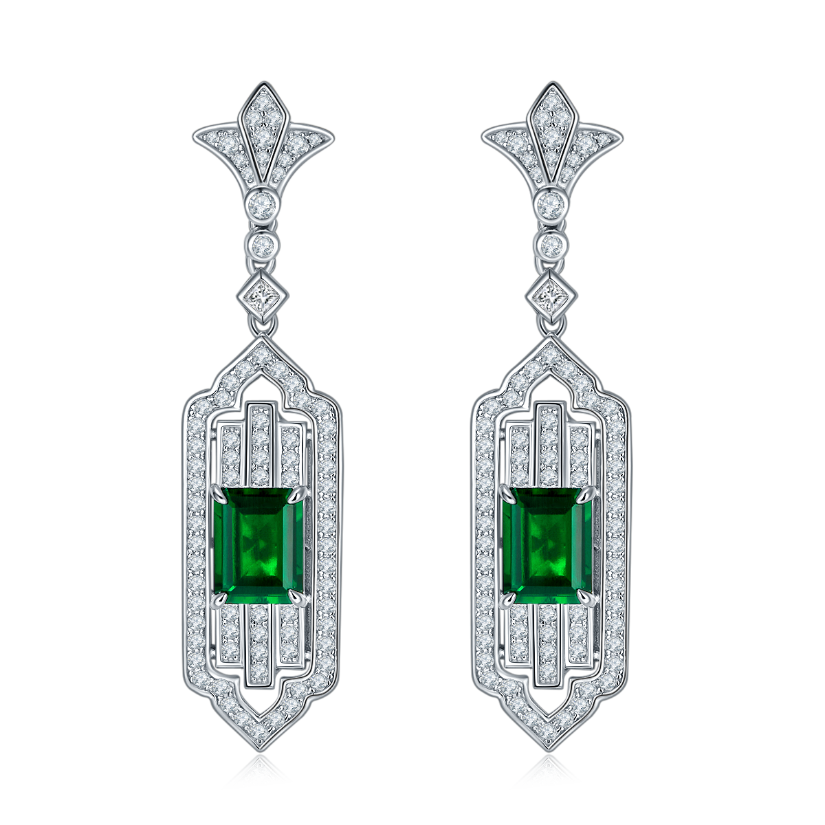 S925 Silver 11.3g Art Deco Lab-Created Emerald Drop Earrings, 3.65ct 9x7mm, Pair photo 1