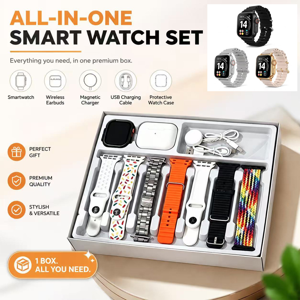 Ten-in-One Smart Watch Set With Wireless Earbuds, Multiple Watch Bands, Magnetic Charger & Protective Case, All-in-One Fitness Smartwatch Gift Box For Men Women photo 1