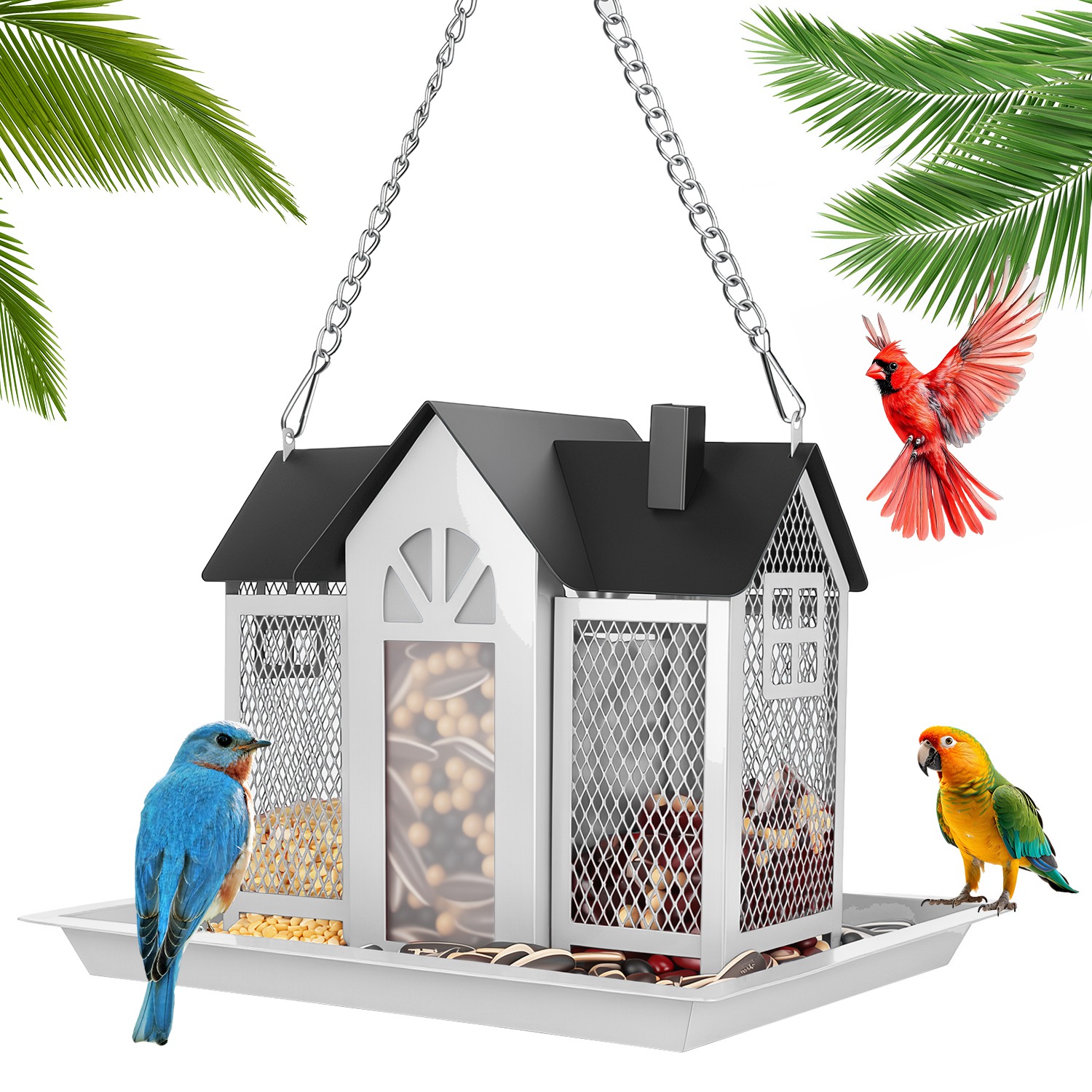 1Pc  Metal Hanging Bird Feeder House Classic Barn Bird Feeder House Iron Hanging Outdoor Feeder With Visible Window And Lift Top Lid 15.75in Hanging Length Wild Birds Garden Yard photo 6