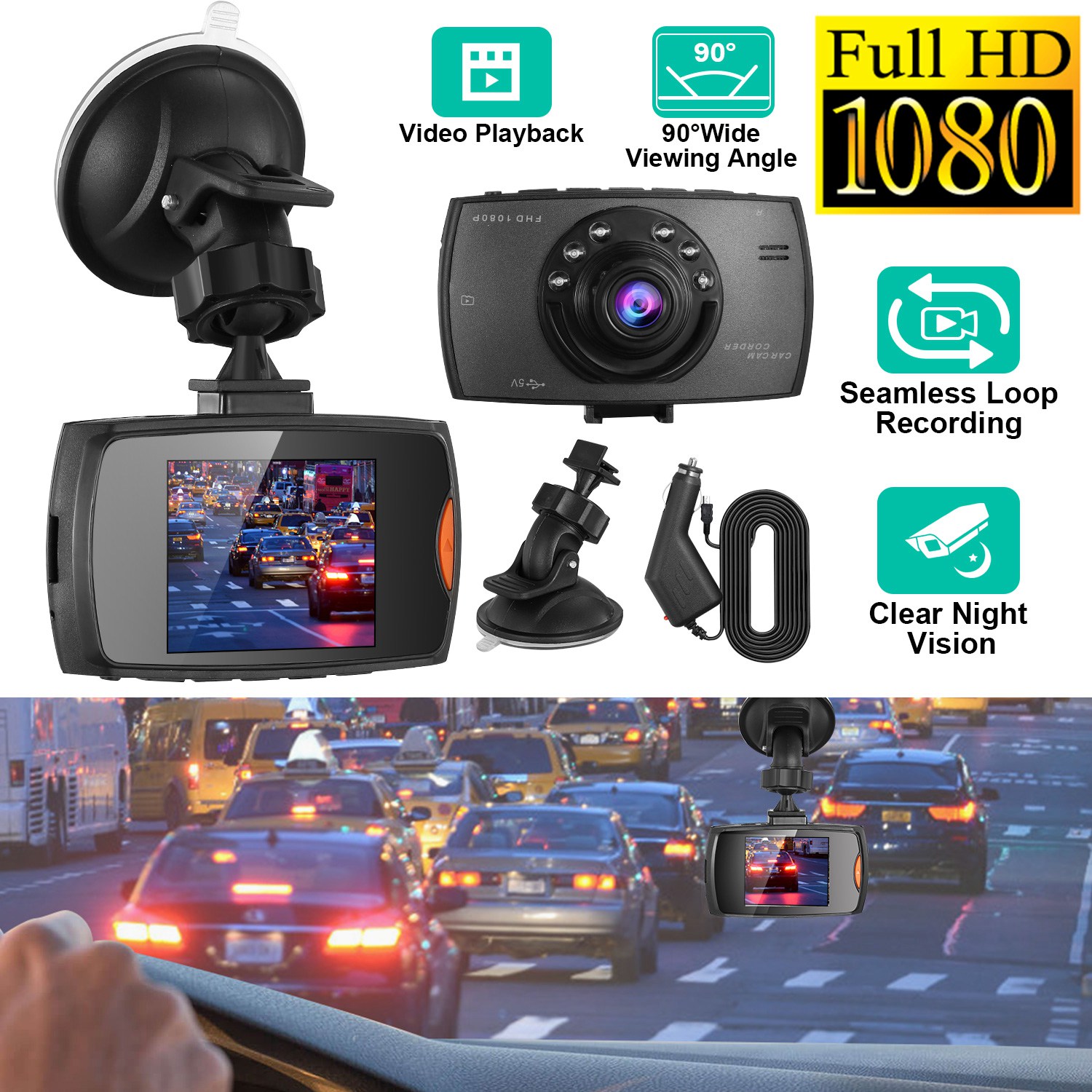 1080P Car DVR Camera Dash Cam Camcorder 90 Degree Angle Loop Recording Night Vison photo 1