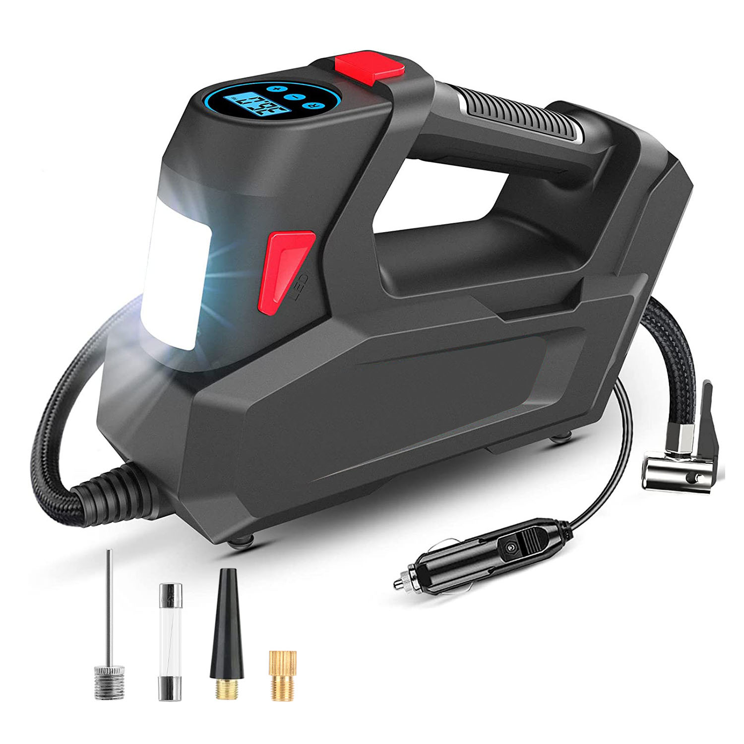 1Pc Portable Tire Inflator 120 PSI Maximum 90W Powered Tire Inflator With Digital Display LED Light Inflatable Nozzle Needle Fuse Air Compressor For Bikes Motorbikes Car Balls photo 5