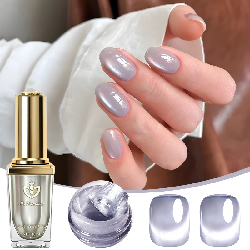 MsRainbow Starry Series Taro Grey Cat Eye Gel Polish 10ml, Milky Nude Magnetic Cat Eye For Nail Gel, Long Lasting LED Soak Off, Glossy Crystal Shimmer, Salon Manicure, Trendy Aesthetic Daily Wear Gift photo 1