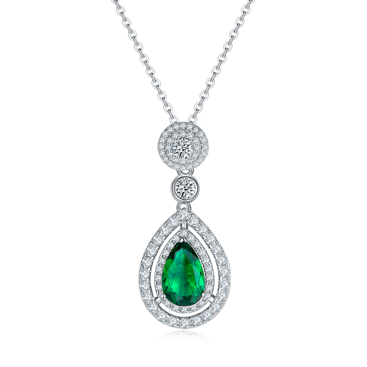S925 Silver 4.6g Platinum Plated 3.5ct Lab-Created Emerald Necklace, 11x7mm Teardrop Halo Pendant, 40&5cm photo 1