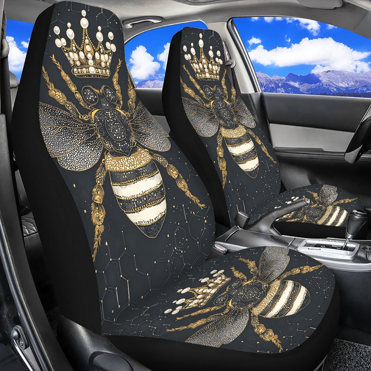 2 Front Car Seat Covers, Digitally Printed With A Honeybee Pattern, Thin, Suitable For All Seasons, Fashionable Car Seat Covers photo 3