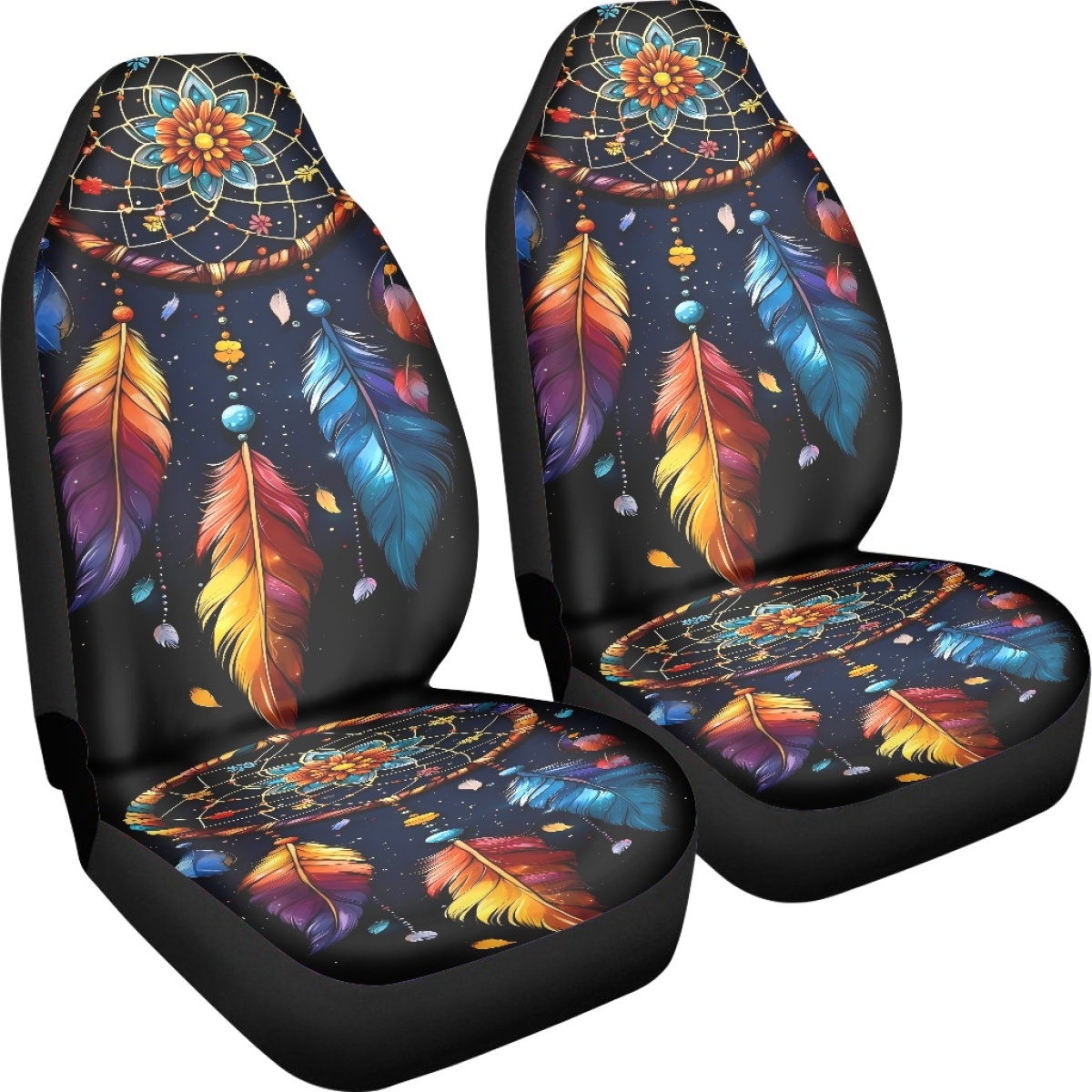 2 Front Car Seat Covers, Digitally Printed With Feather Patterns, Thin, Suitable For All Seasons, Fashionable Car Seat Covers photo 8
