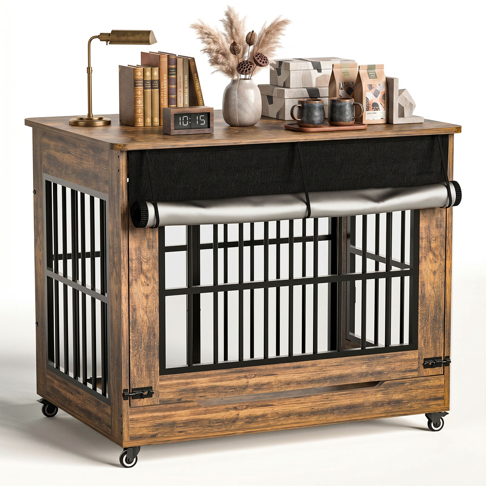 42in  Large Dog Crate Furniture, Double Door Wooden Indoor Dog Kennel Furniture, Decorative Pet Cage End Table With Wheels For Large Breed Dogs, Size XL, Greige photo 3