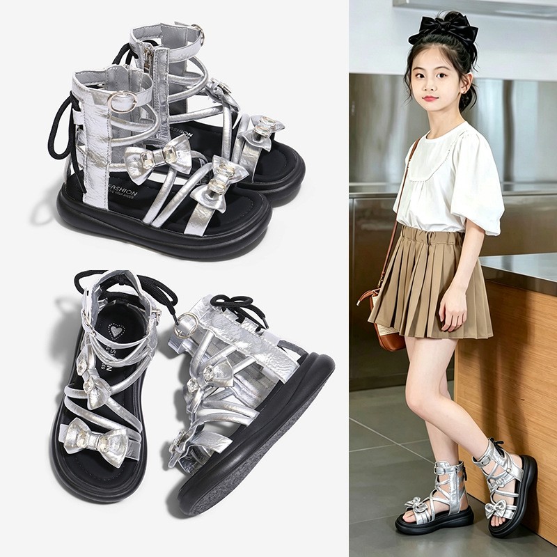 2026 Summer New Girls Roman Sandals, Bow Princess Style Soft Sole Non-slip Kids Roman Boots, Korean Fashion photo 1