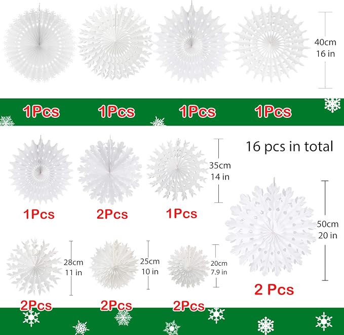 16-Piece White Paper Snowflake Decorations Assorted Sizes For Christmas, Winter Wedding And Party Decor photo 7