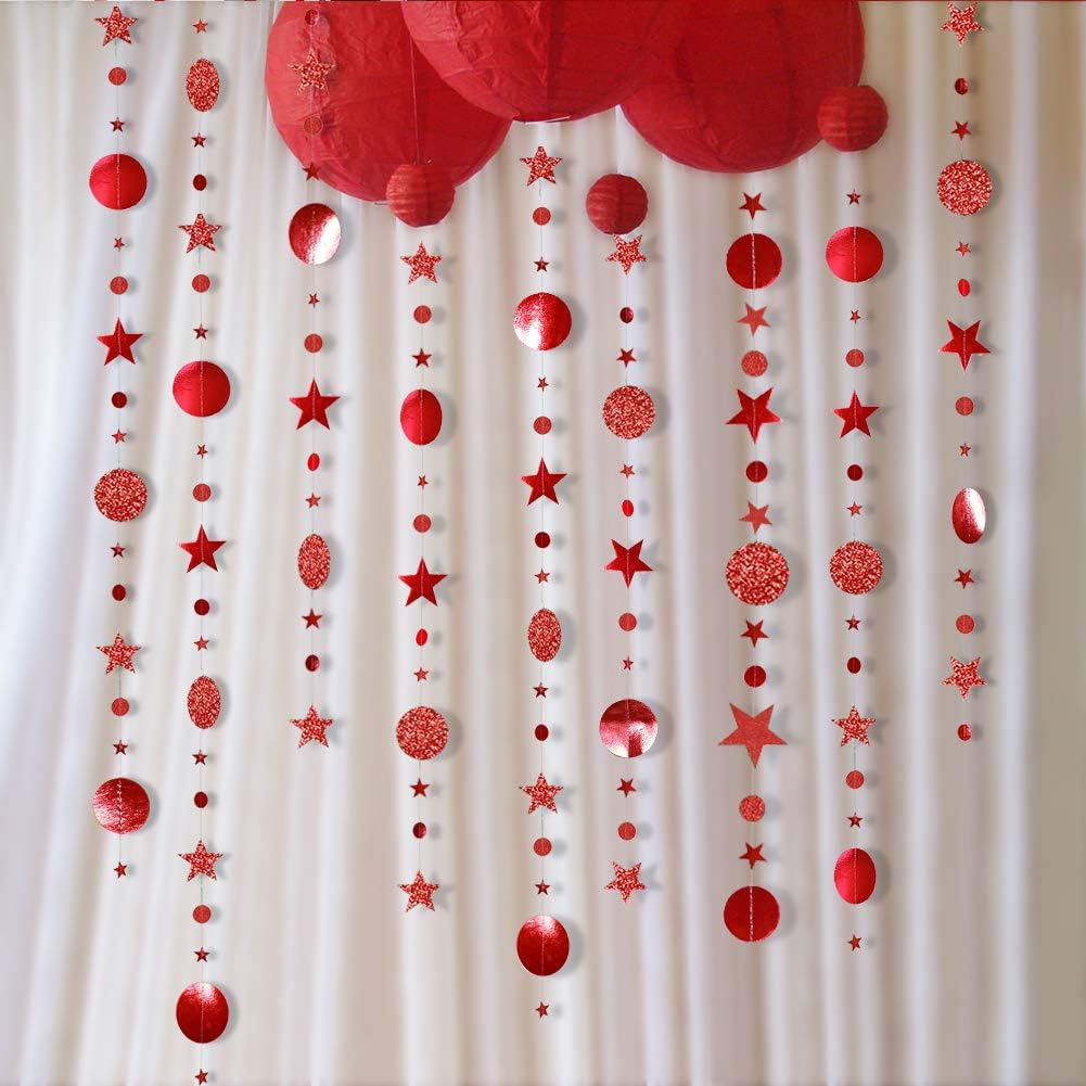 Red Circle Dot And Star Garlands Metallic Hanging Bunting For Christmas, New Year, Wedding And Party Decor photo 1