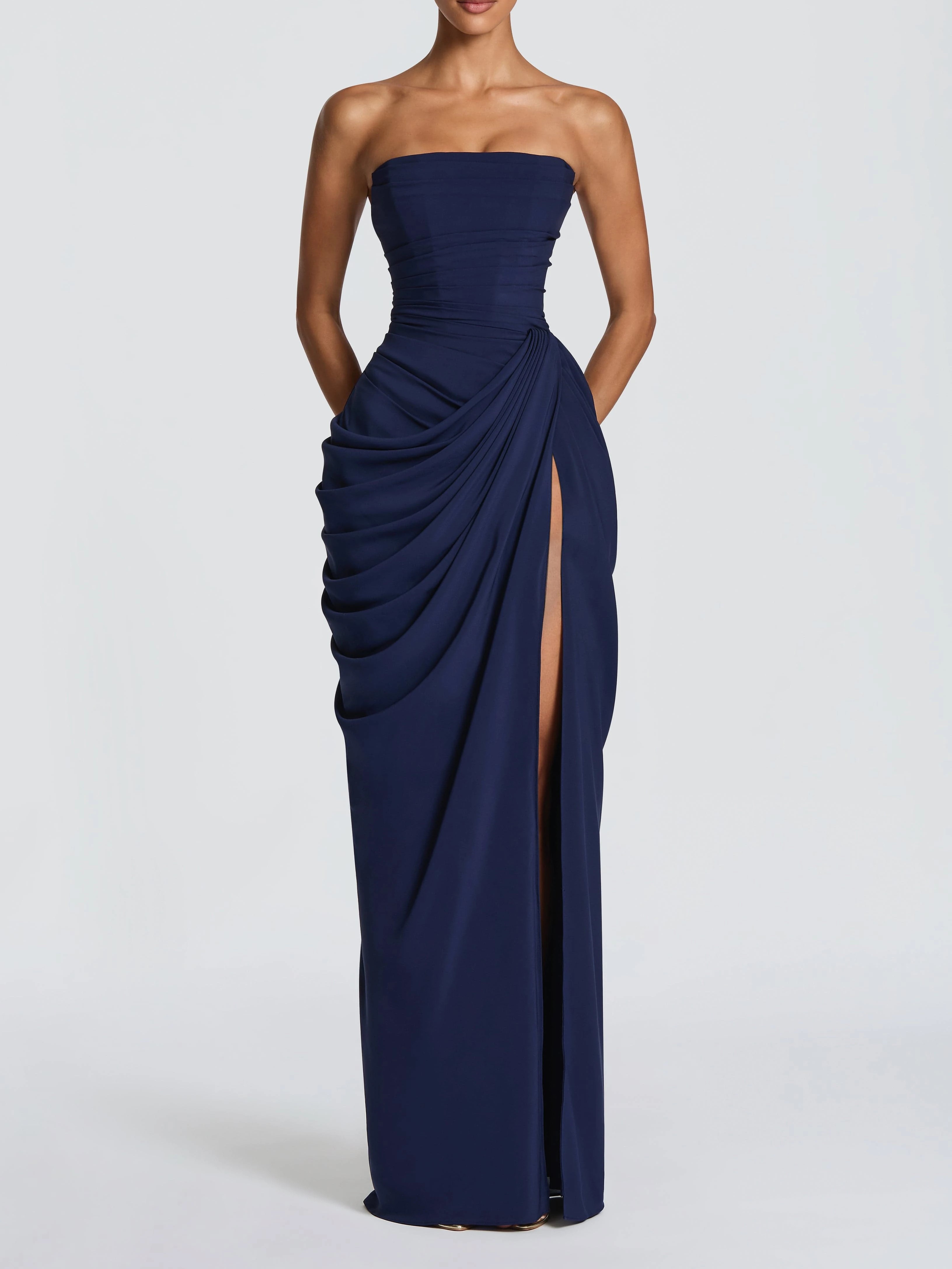 Burgundy Strapless Ruched High-Slit Maxi Gown With Pockets photo 4