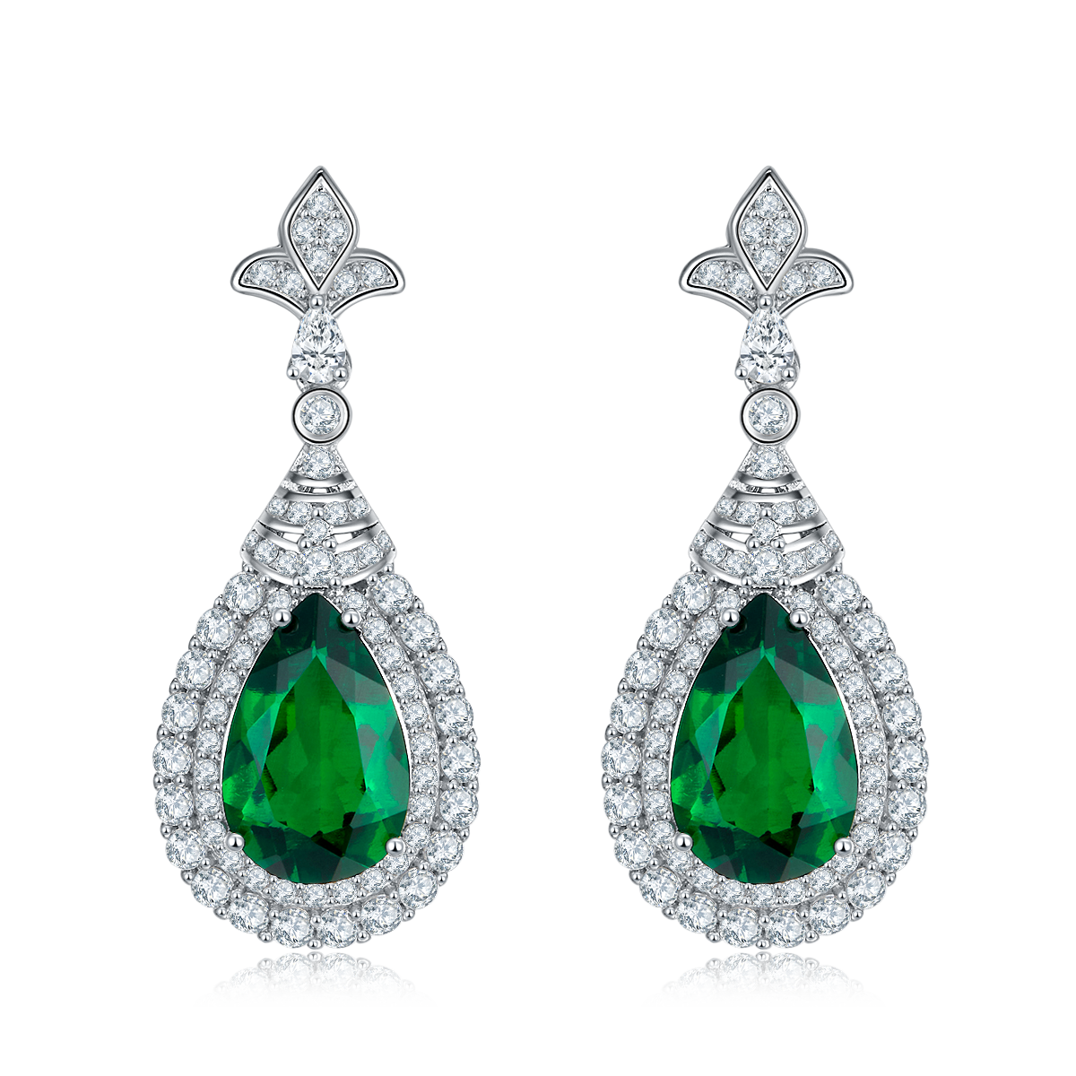S925 Silver 5.4g Lab-Created Emerald Drop Earrings, 3.4ct 11x7mm Halo Pair photo 2
