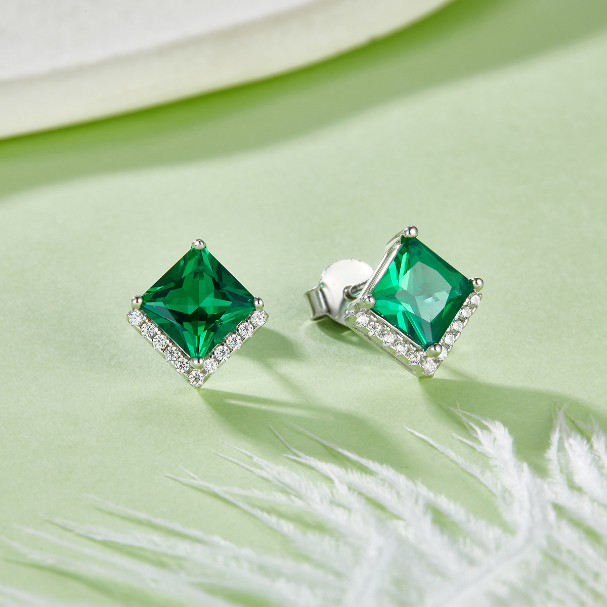 S925 Silver Platinum Plated Lab-Created Emerald Earrings, 0.3&2.5ct Princess Cut Studs, Pair photo 4