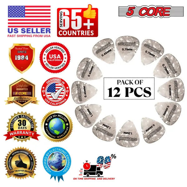 5 Core Guitar Picks 12 Piece Celluloid Light Medium Heavy Extra Heavy For Acoustic Electric Guitars photo 8