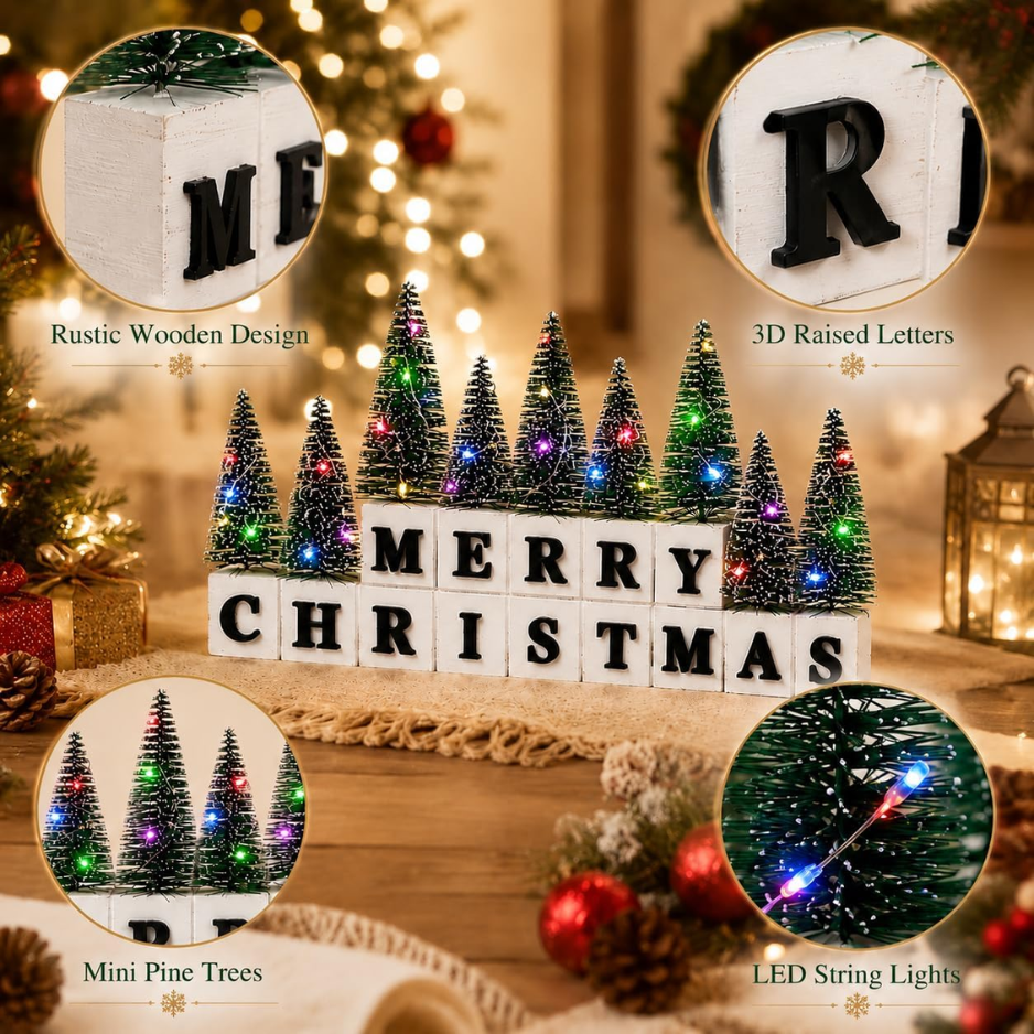 Christmas Table Decor With Multicolor Lighted Mini Trees And 3D Letters Wooden Christmas Sign For Mantel, Shelf, Fireplace, Entryway, Rustic Farmhouse photo 5