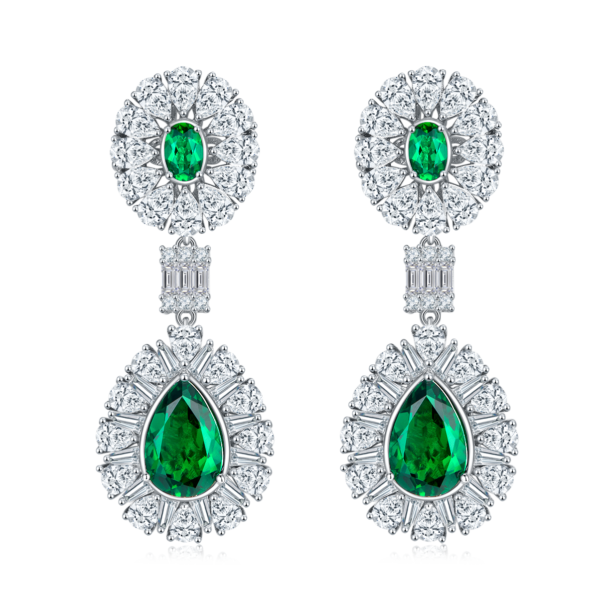 S925 Silver 15.4g 8ct Lab-Created Emerald Drop Earrings, 12x8mm & 6x4mm photo 1