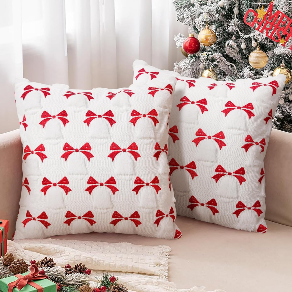 2Pcs Christmas Pillow Covers 18x18, 3D Jacquard Faux Fur Holiday Decor photo 1