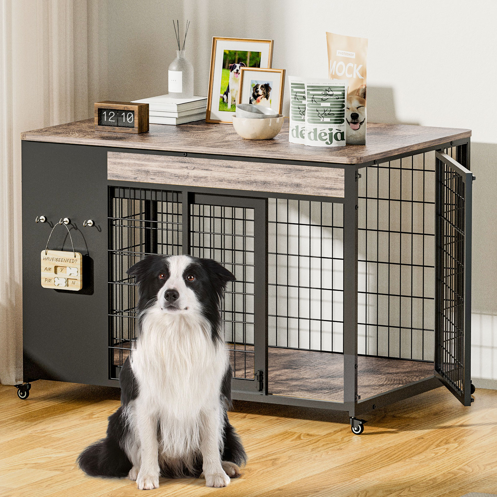 38in  Dog Crate Furniture - Dog Crate With DIY Frame, Sliding Door Indoor Kennel, Wooden Dog Cage End Table, For Medium-Large Breed, Size L photo 3