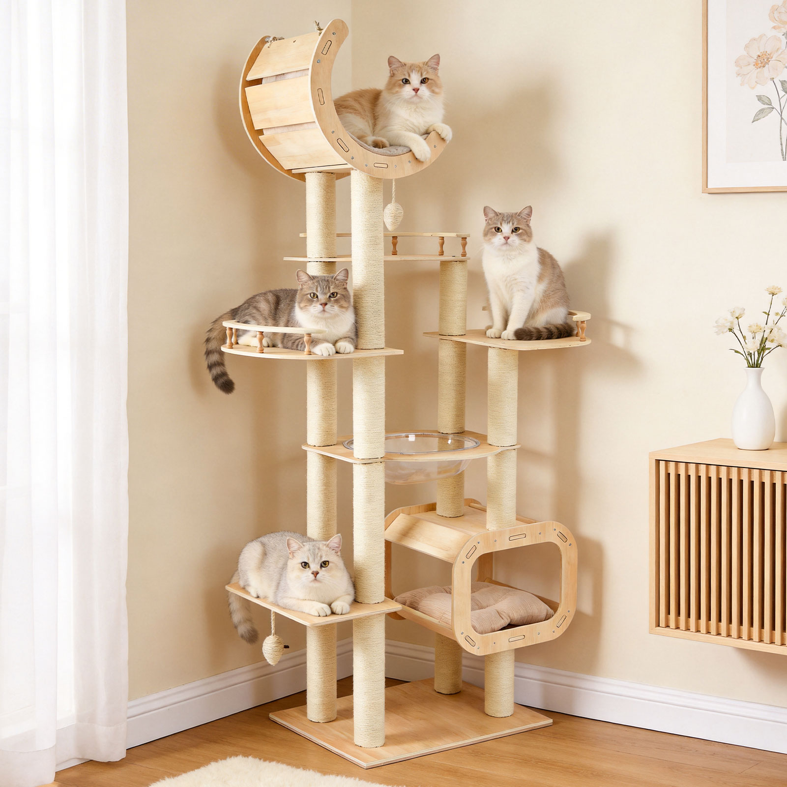 Heavy-Duty No-Drill Large Cat Tree-Solid Wood, 5-Story Multi-Column Cat Tower, 80.4in For Large Spaces & Multi-Cat Households, Open Condo, Space Capsule, Bed, Durable Indoor Pet Furniture photo 1