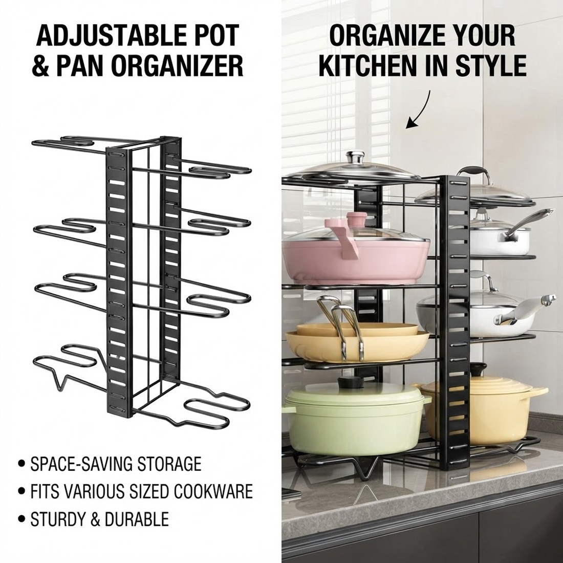Adjustable Pan Organiser Pot Saucepan Kitchen Storage Rack Holder Sturdy Shelf photo 7
