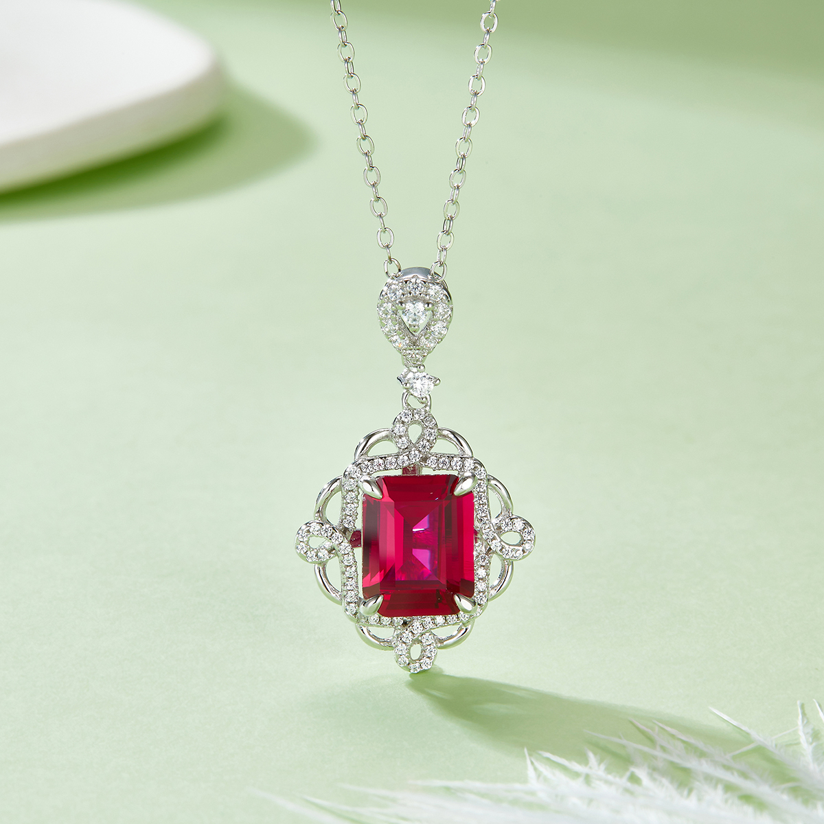 S925 Silver 4.3g 4.23ct Lab-Created Ruby Necklace, 10x8mm Vintage Pendant, 40&5cm photo 2