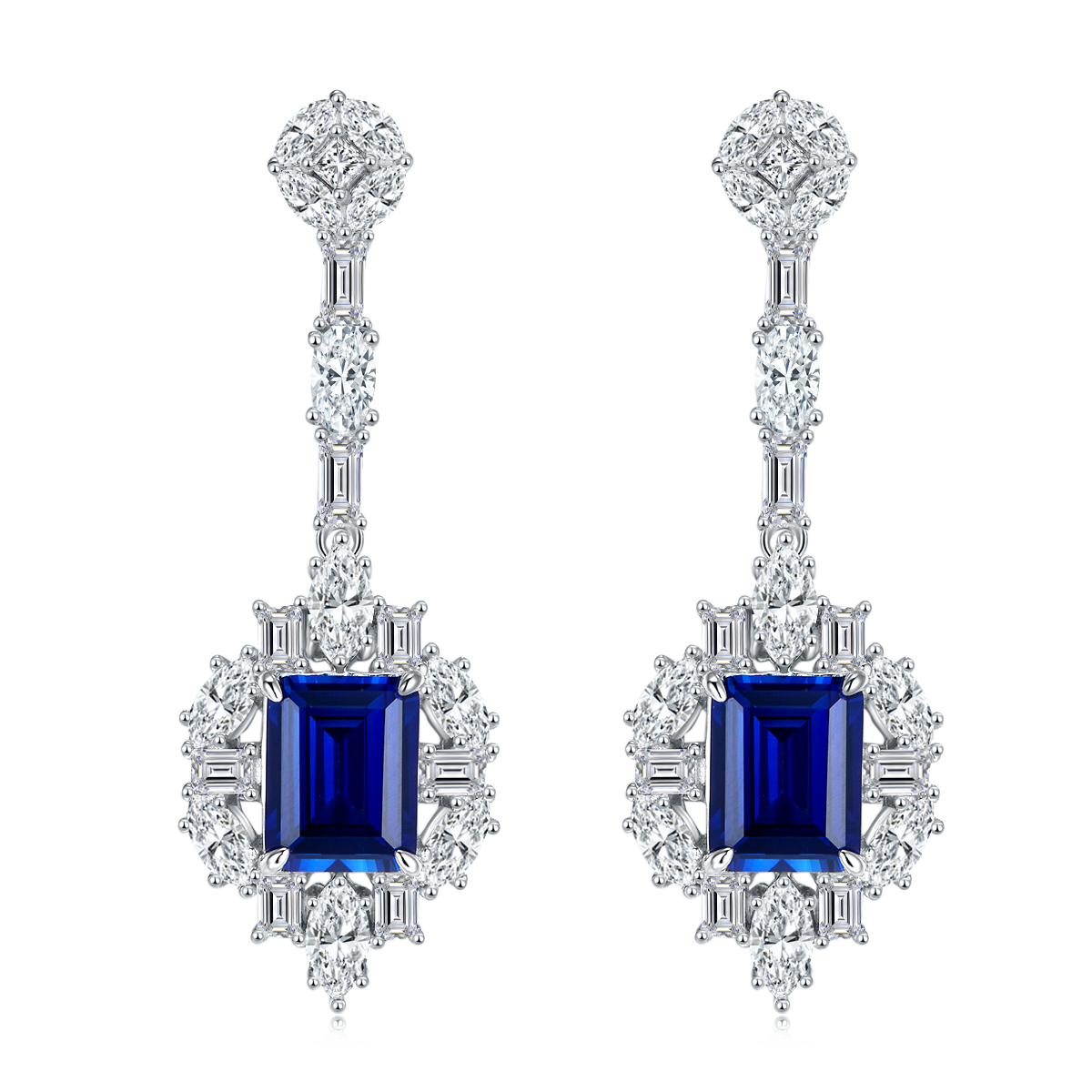 S925 Silver 8.7g Lab-Created Sapphire Drop Earrings, 5.55ct 9x7mm Emerald Cut, Pair photo 1