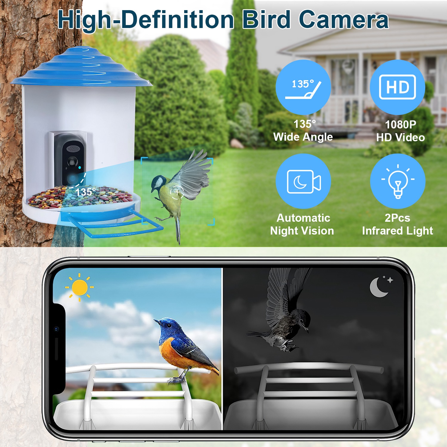 Smart Bird Feeder With Solar Powered Camera 1080P HD AI Identify PIR Motion Auto Capture Video Cloud Card Storage WiFi Connection App Control IP65 Waterproof photo 8