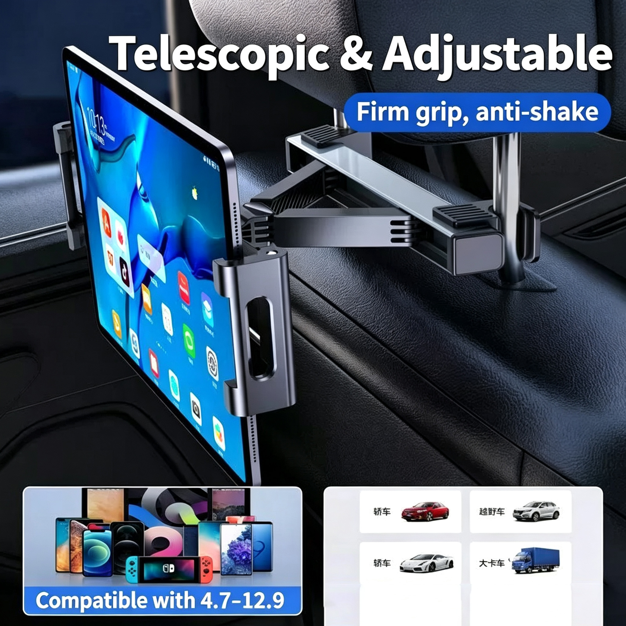 Car Headrest Tablet Holder Back Seat Car Tablet Mount Telescopic Adjustable Car Seat Headrest Phone Stand For 4.7 2.9 Inch Tablet Phone  For Car Backseat Entertainment photo 1