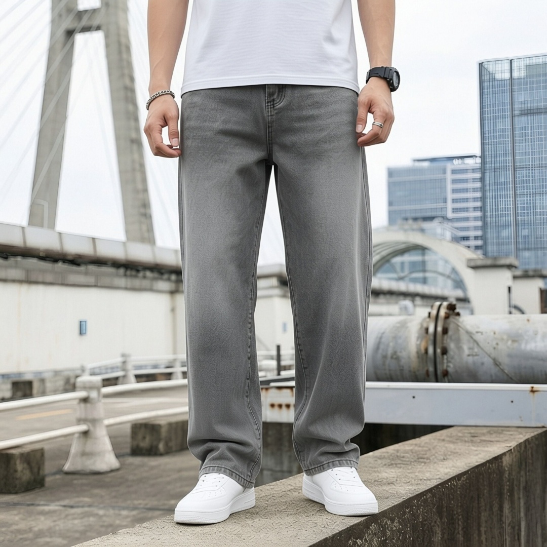 Washed Grey Jeans Men Loose Fit Denim Pants Casual Streetwear Oversized Plus Size Big Size Ready Stock photo 1