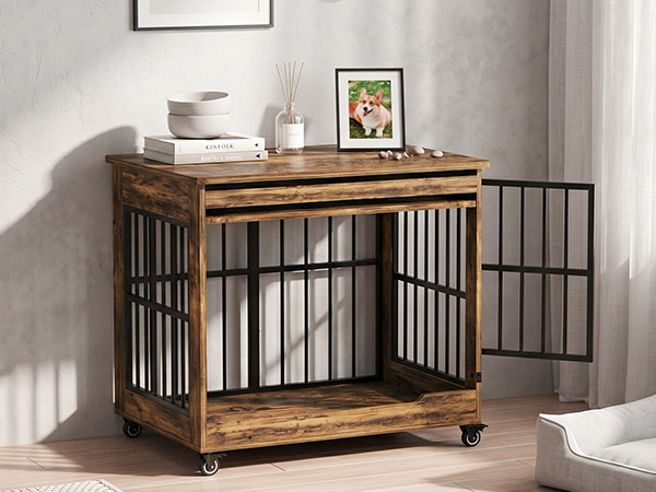 38in  Dog Crate Furniture, Double Door Wooden Indoor Dog Kennel Furniture, Decorative Pet Cage End Table With Wheels For Large And Medium Breed Dogs, Size L, Greige photo 3