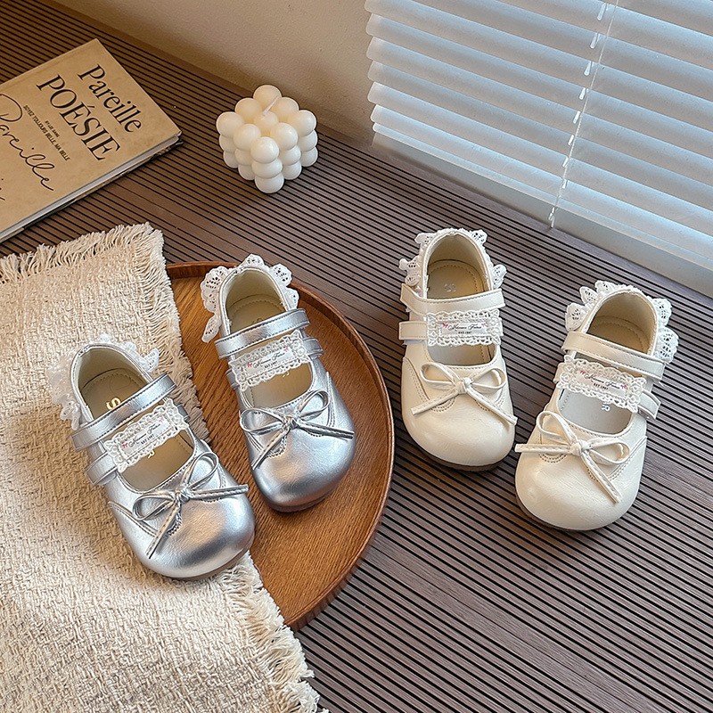 2026 Summer New Girls Mary Jane Shoes, Lace Trim Bow Decor Soft Sole Non-slip Kids Leather Fashion Flats photo 1