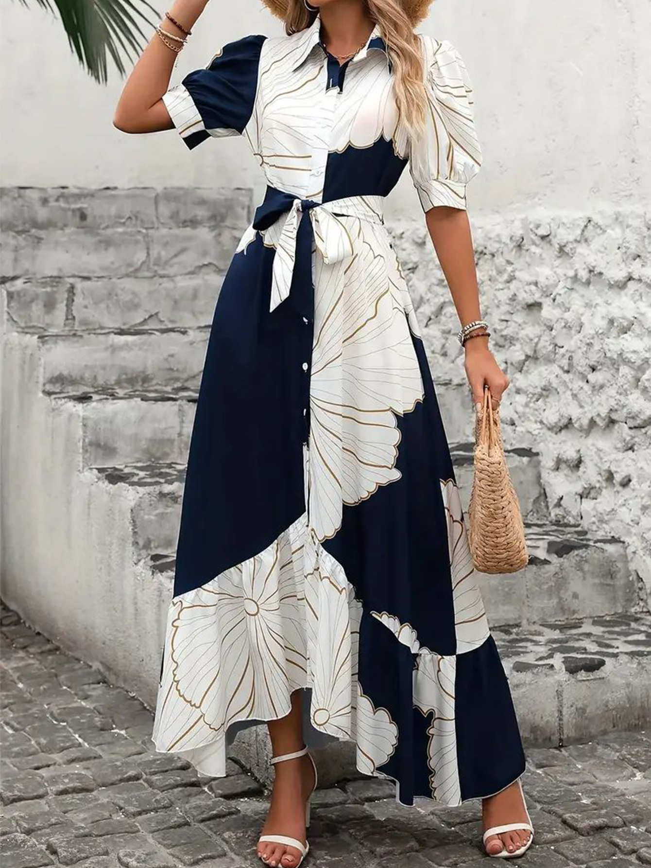 Women's Floral Print Button Down Shirt Dress Puff Short Sleeve Self Tie Waist Asymmetrical Hem Maxi Dress photo 1