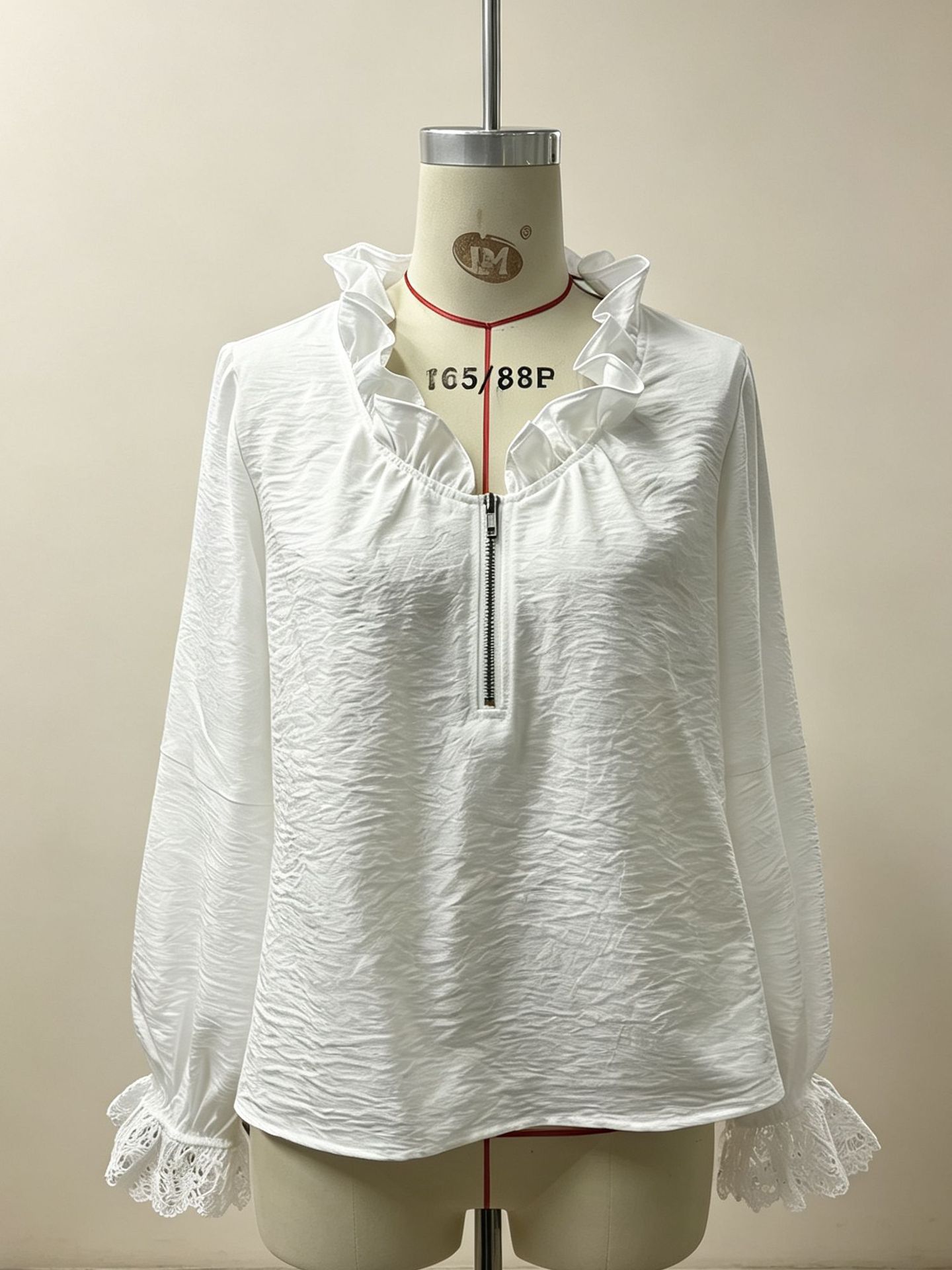 Cross-border European And American Women's Casual Top, V-neck Half-zip Lace Splicing Lantern Long-sleeve Loose Shirt, New Style photo 2