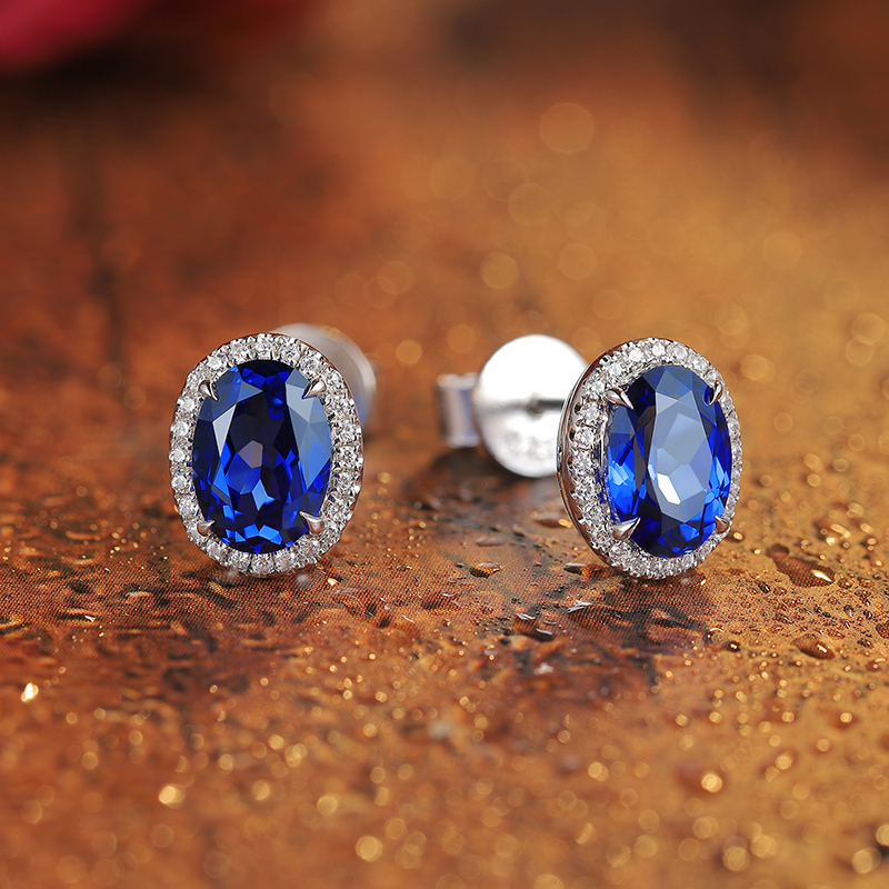 S925 Silver 1.9g Lab-Created Ruby Sapphire Earrings, 7x5mm Halo Studs, 2 Colors photo 3