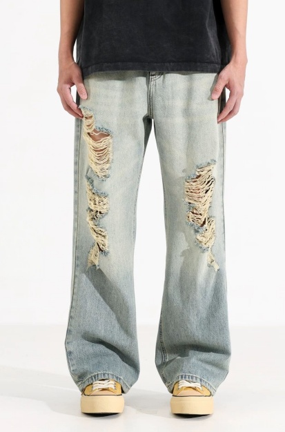 Heavy Ripped Jeans Men Light Wash Baggy Wide Leg Denim Pants Vintage Streetwear Ships From USA photo 1