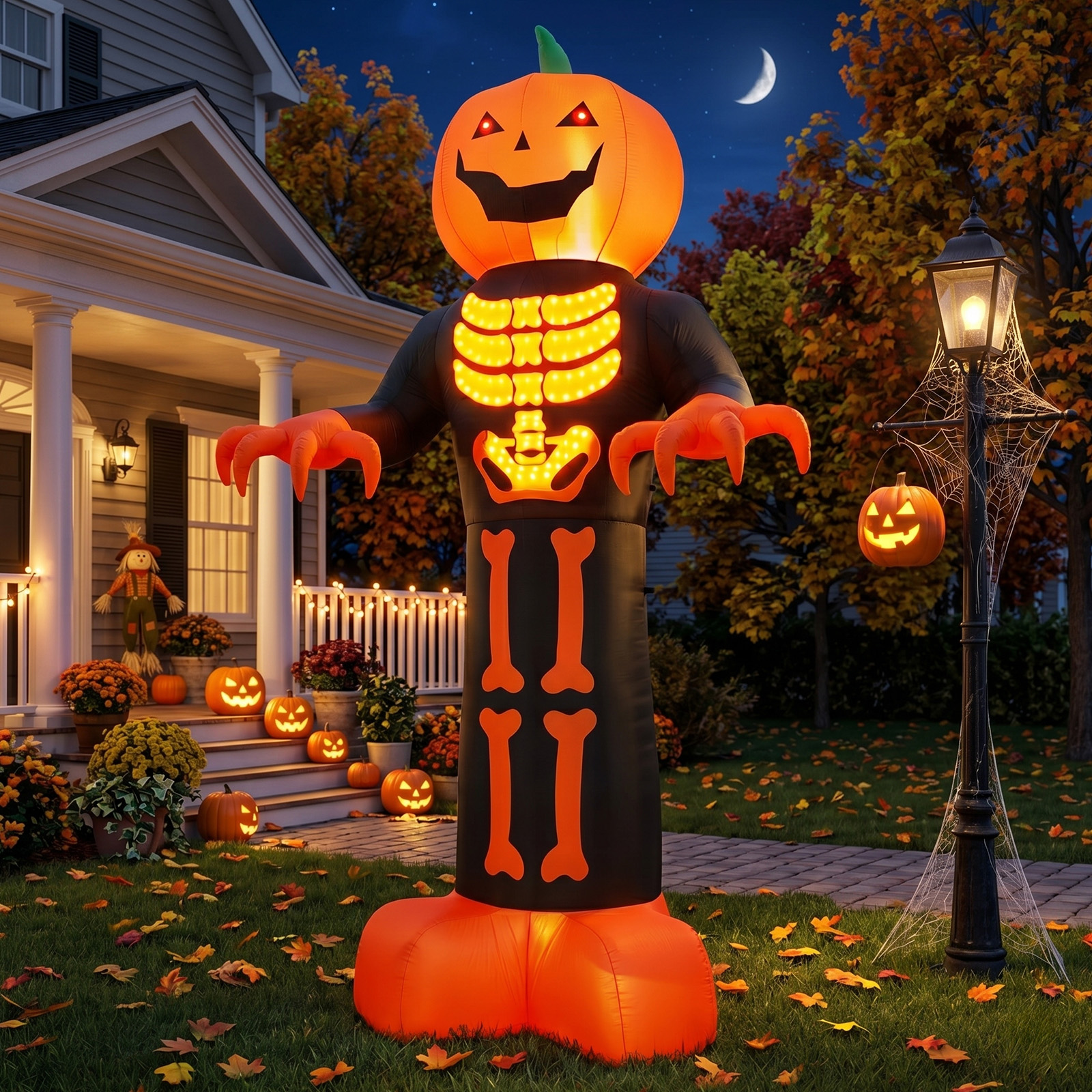 12ft Inflatable Halloween Decor With Skeleton Ribs,Pumpkin & Grim Reaper,3 LED Lights - 115 Count String Lights,Black & Orange,12V 2000mA US Power Adapter photo 1