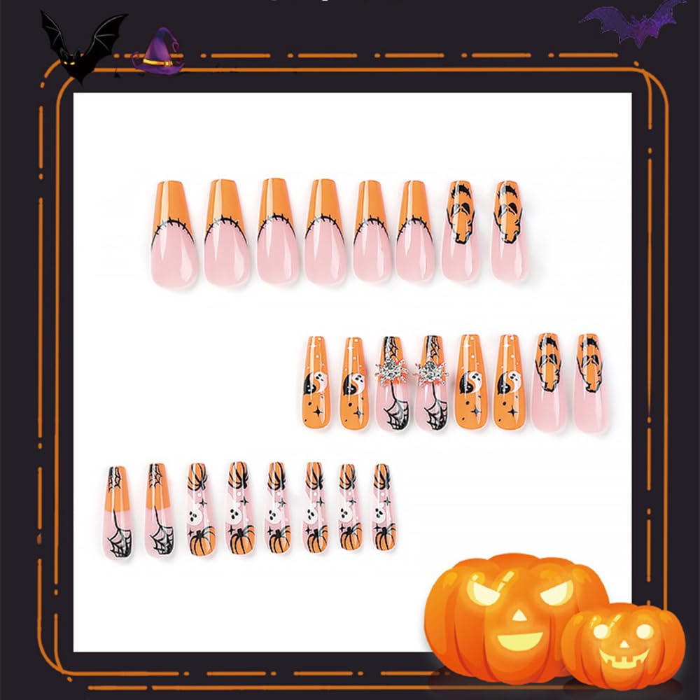 24Pcs Halloween Press On Nails, Medium Ballerina False Nails, Cute Pumpkin Ghost Spider Bat Pattern Acrylic Fake Nails, Reusable Full Cover Stick On Nails For Halloween Party Home DIY Manicure photo 2
