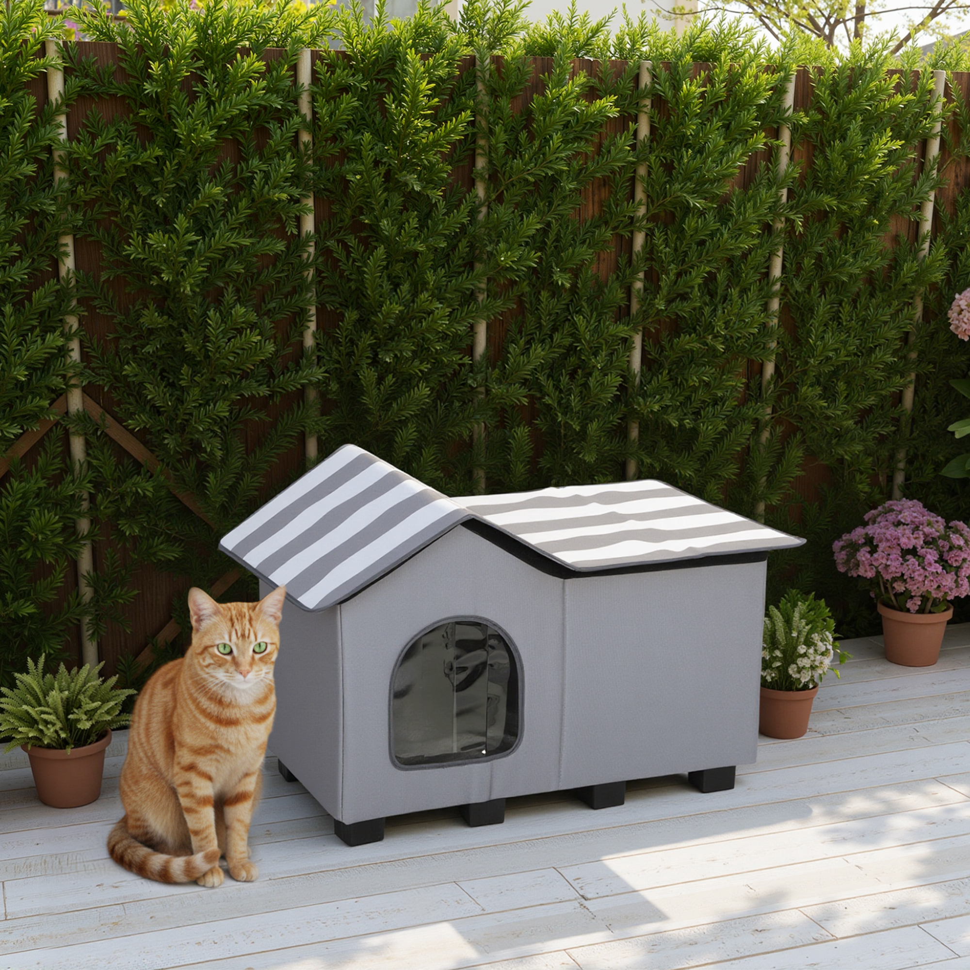 Outdoor Cat House, Weather Resistant Feral Cat Cave With Elevated Base And Cushion For Winter, Grey photo 2