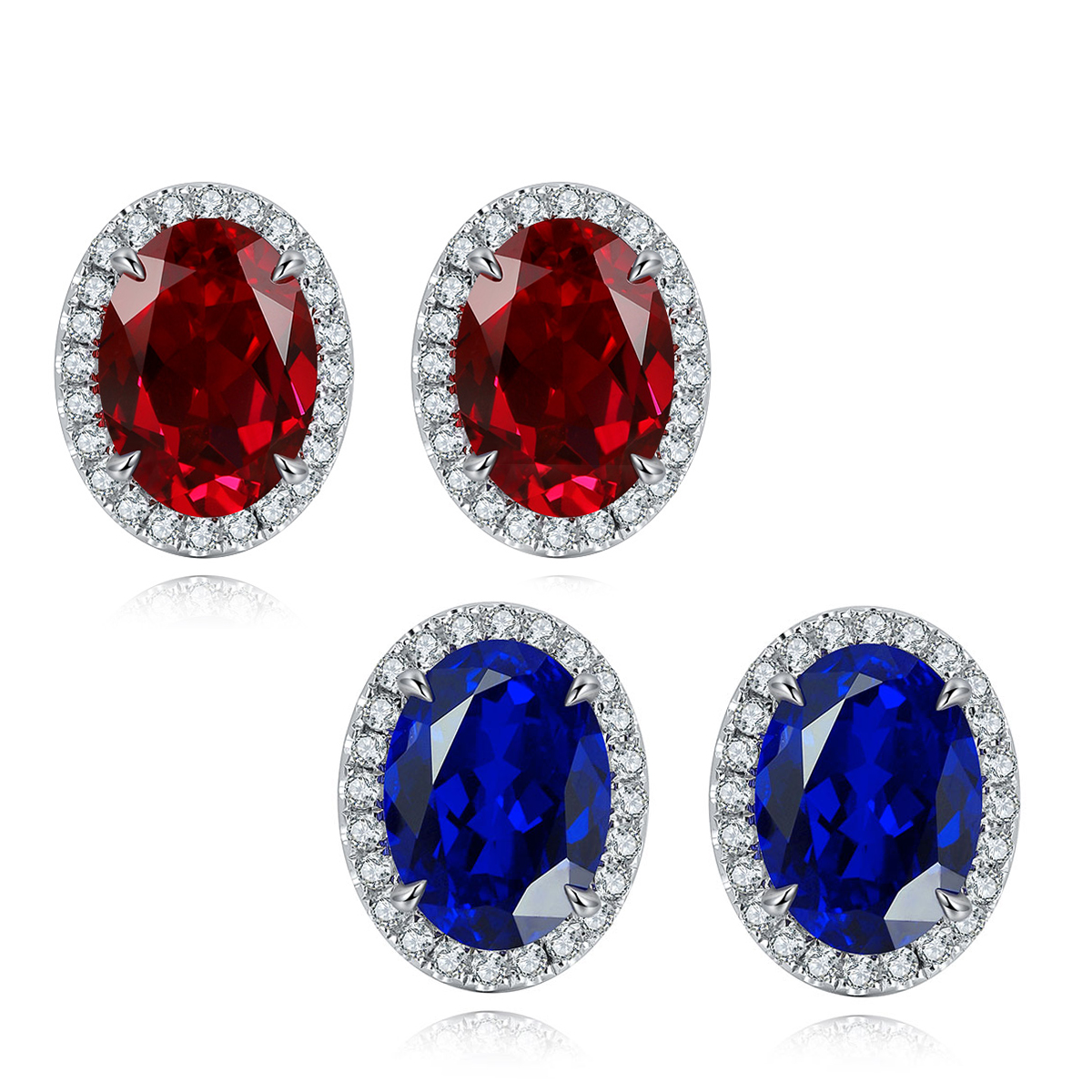 S925 Silver 1.9g Lab-Created Ruby Sapphire Earrings, 7x5mm Halo Studs, 2 Colors photo 1