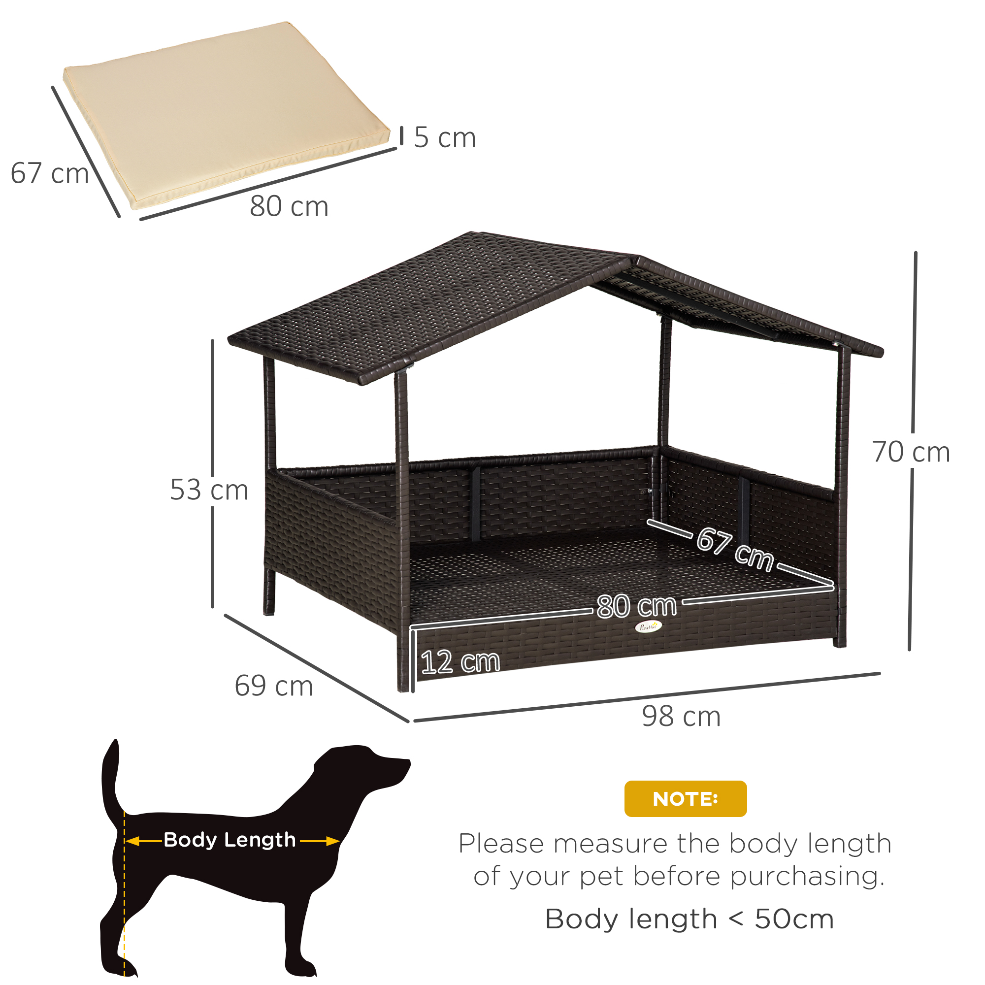 Wicker Dog House, Rattan Pet Bed, With Removable Cushion, Canopy, For Small And Medium Dogs - Cream photo 2