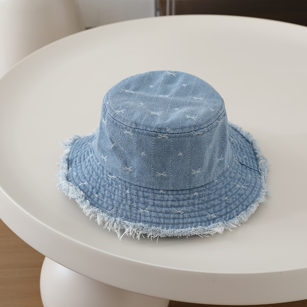 Full-printed Bow-shaped Heart Children's Denim Fisherman Hat, Washed And Distressed Fringed Bucket Hat For Outdoor Travel photo 2