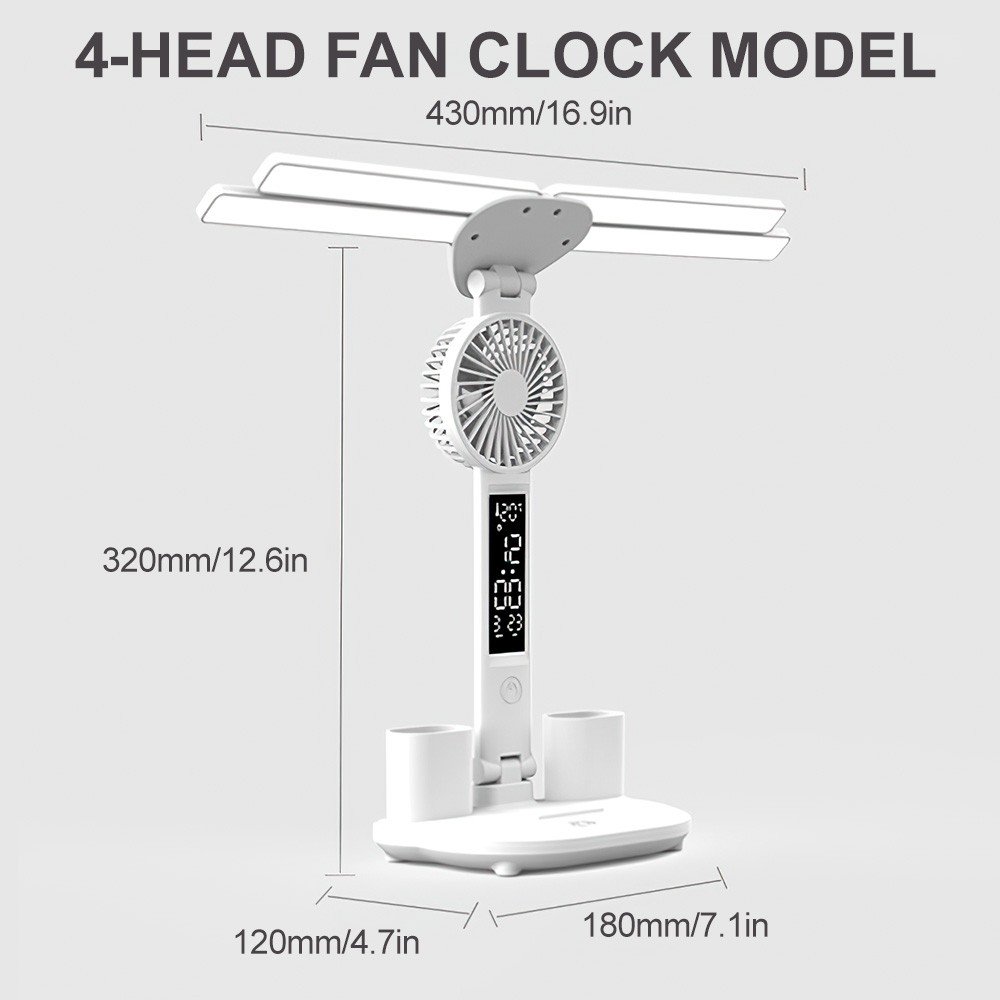 4-Head LED Desk Reading Lamp With Fan Clock Dimmable Rechargeable Touch Light photo 7