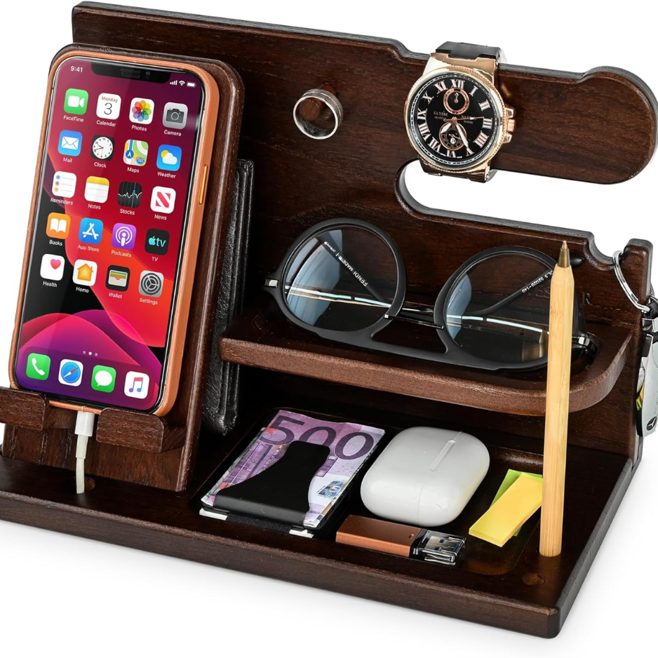TESLYAR Wood Phone Docking Station For Men - Desk Or Nightstand Organizer - Birthday Gifts For Husband, Dad - Anniversary Idea From Wife - Key Holder, Stand Wallet, Watch, Essentials photo 1