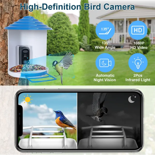 Smart Bird Feeder With Solar Powered Camera 1080P HD AI Identify PIR Motion Auto Capture Video Cloud Card Storage WiFi Connection App Control IP65 Waterproof photo 2