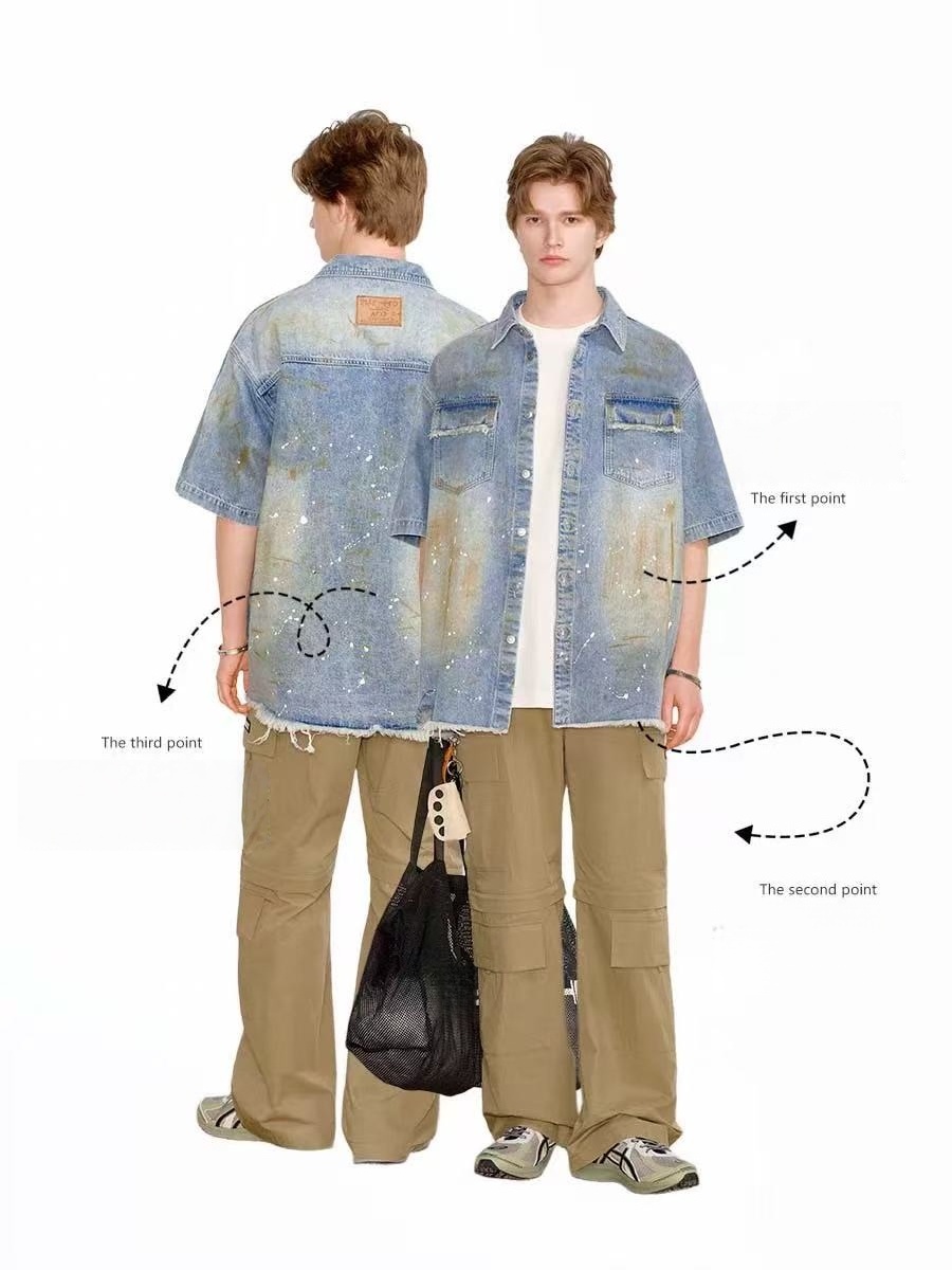 Oversized Denim Shirt Men Vintage Distressed Short Sleeve Streetwear Jean Top Ready To Ship From US photo 4