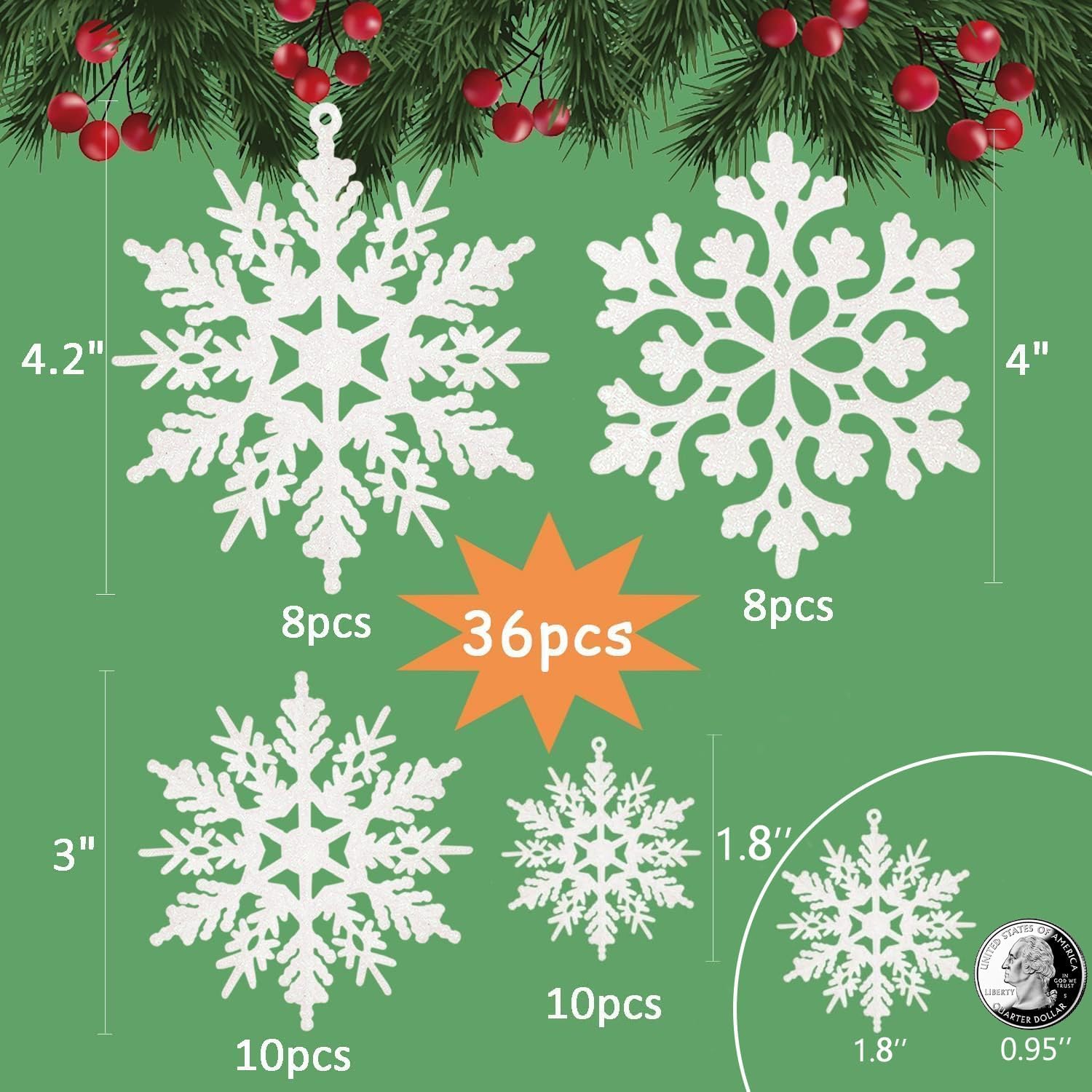 White Snowflake Christmas Ornaments 36 Units, Glitter Plastic Snowflake Decorations For Christmas Tree And Winter Decor photo 5